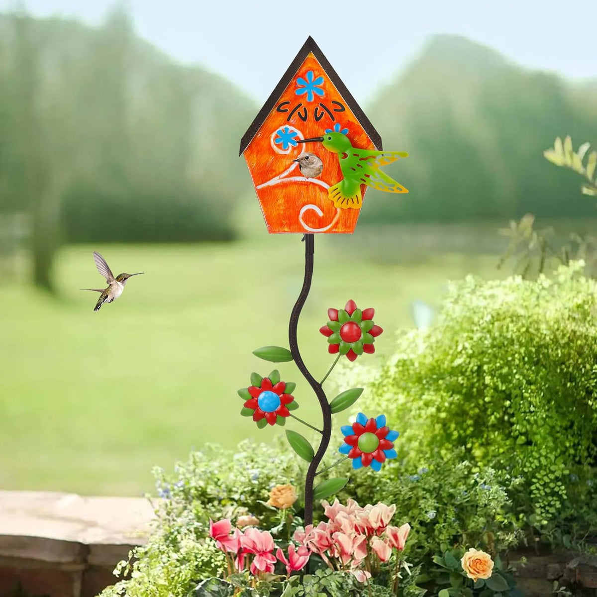 51” Bird Houses Stake for Outside, Metal Wild Bird Feeder Birdhouse Stake Pole with Hummingbird