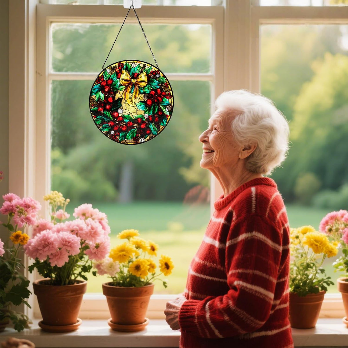 Stained Glass Window Hanging, Christmas Festive Holly and Red Berries Suncatcher for Doors Home Sun