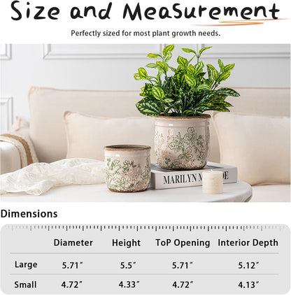 Set of 2 Ceramic Planters for Indoor Plants, 4.7+5.7 Inch Vintage Pots without Drainage Hole