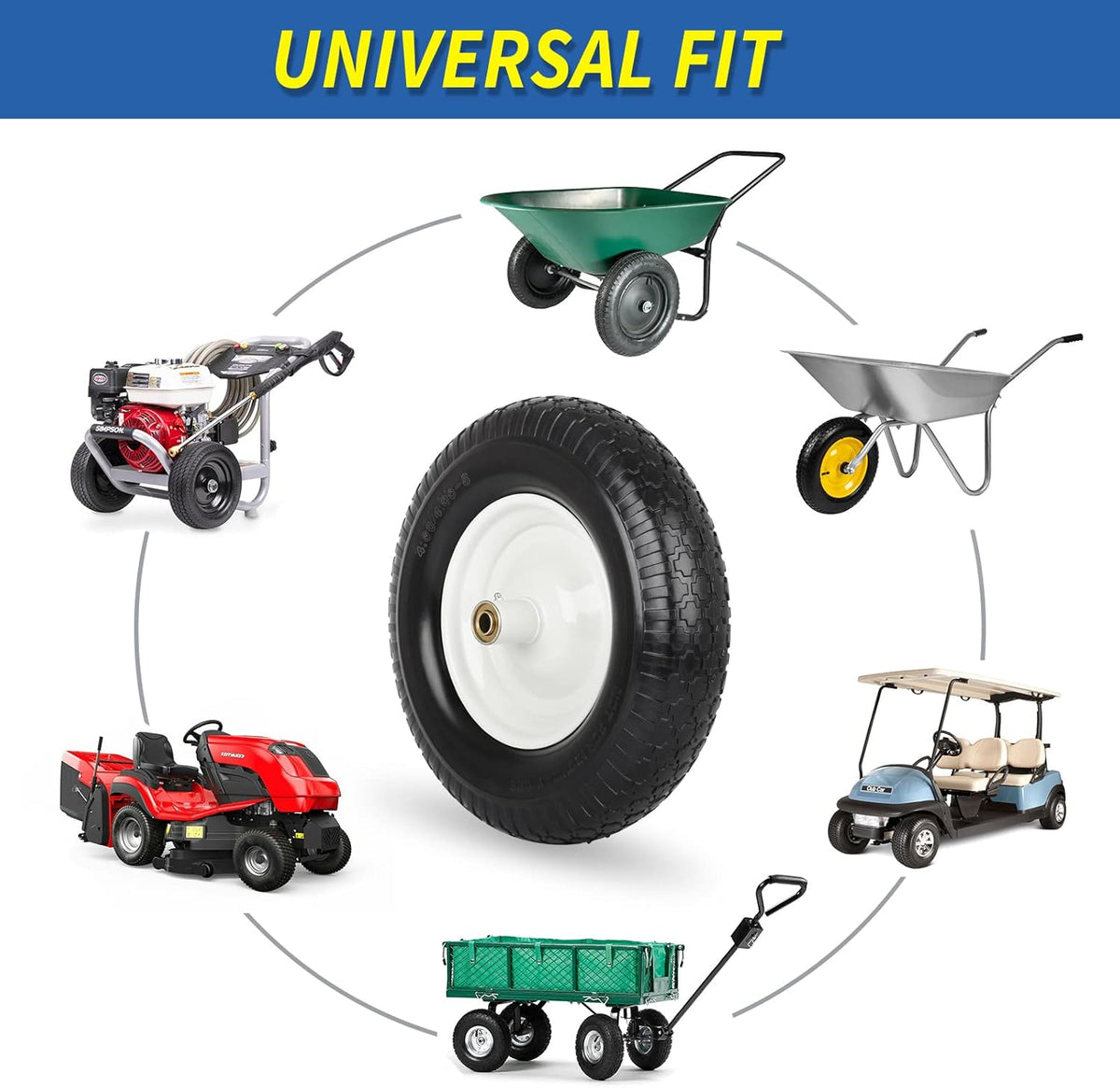 4.80/4.00-8" Flat-Free Tire and Wheel 16" Solid Wheelbarrow Tire, 6" Centered Hub, 5/8" Axle Bore