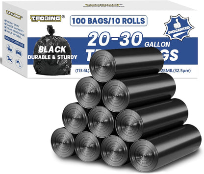 20-30 Gallon Trash Bags Black - 1.28 Mil Thick,30" x 35" Large Garbage Bags 100 Count，20+ Gallon