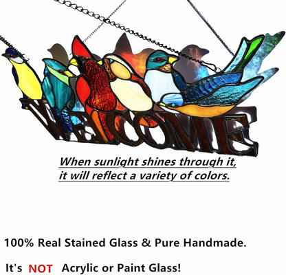 6 Birds Stained Glass Welcome Sign for Front Door Window Hanging Suncatcher, Handmade Tiffany Style