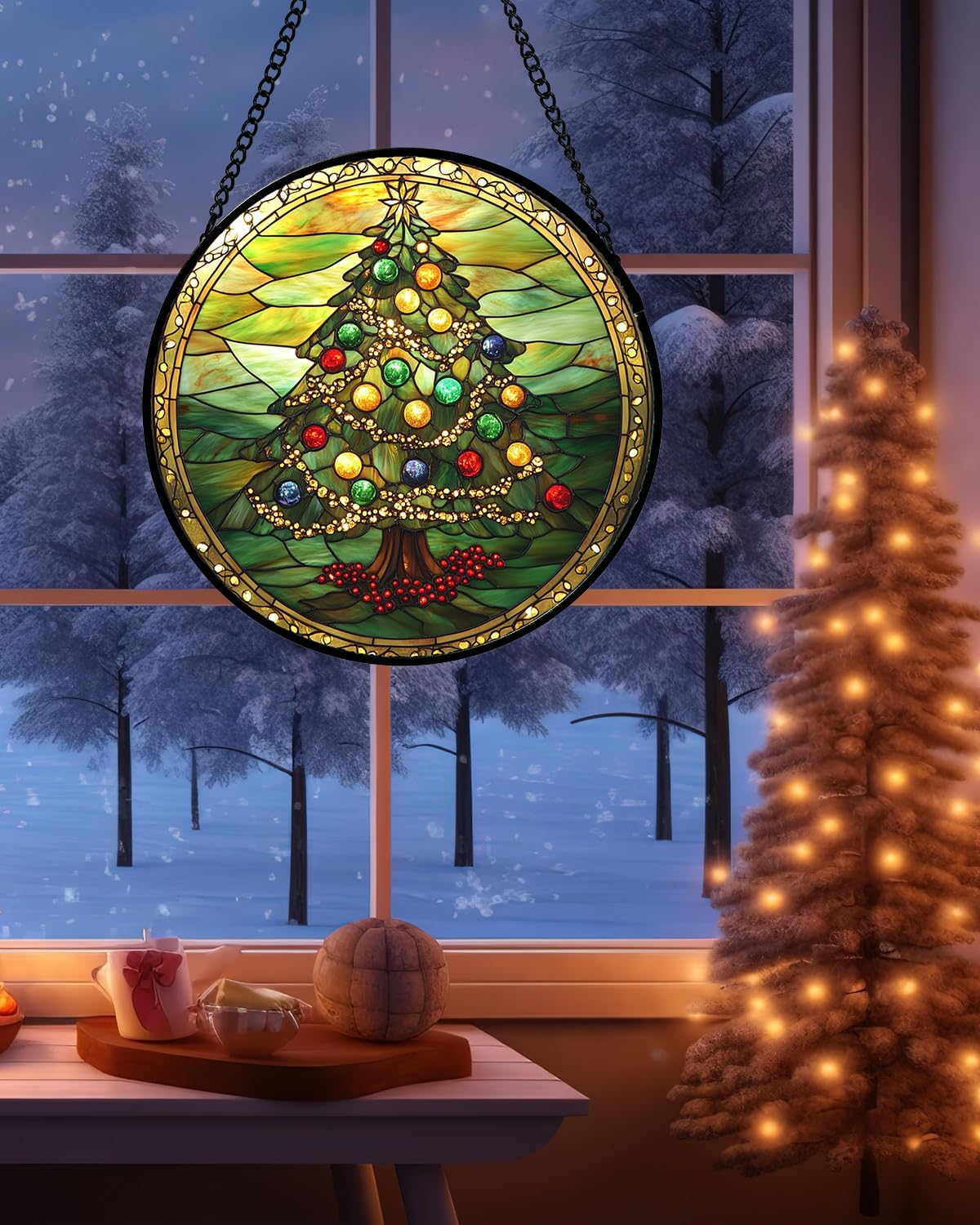 Stained Glass Window Hanging - Green Christmas Tree Gold Ribbon Suncatcher for Doors Home Christmas
