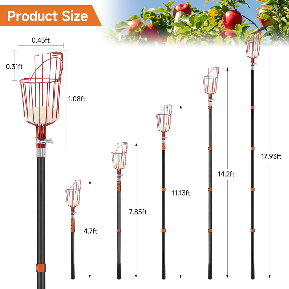 SAN LIKE Fruit Picker Tool 18FT Telescoping Fruit Picker Pole, Easy to Assemble Twist-On Apple