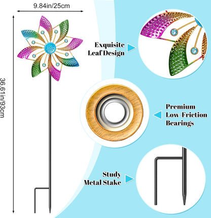 Colorful Outdoor Wind Spinner, Kinetic Small Garden Windmill with Stake, Geometric Metal Pinwheels