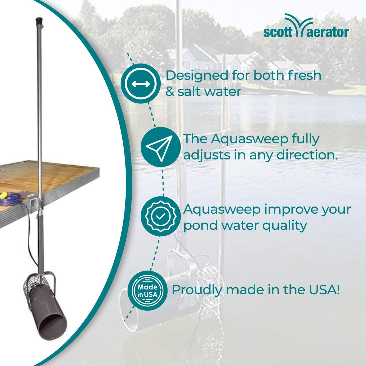 Scott Aerator 1 Horse Power, 115V Muck Blaster -100ft Cord | 1HP Aquasweep w/Dock Mount | Water
