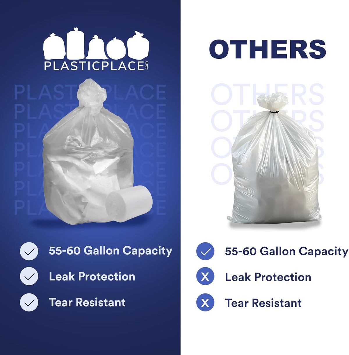 Plasticplace 55-60 Gallon Trash Bags, Heavy Duty Black Garbage Bags, 100 Count for Lawn, Yard, and