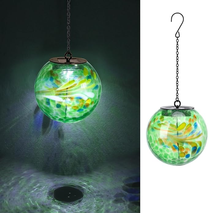 VCUTEKA Solar Hanging Lanterns, Outdoor Glass Gazing Ball Lights with Hook, Waterproof