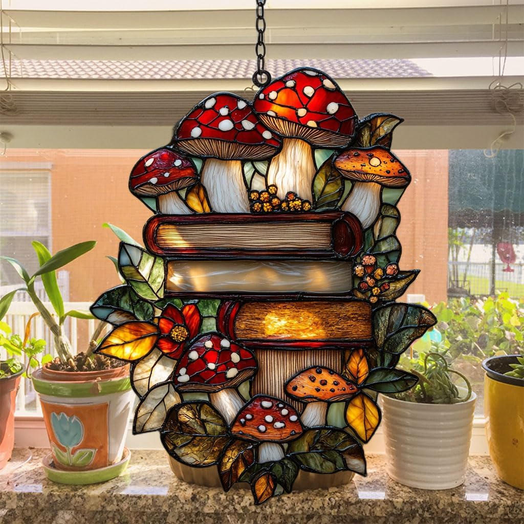 Forest Stack of Books Acrylic Suncatcher Stained Glass Effect Window Car Hanging Christmas Ornament