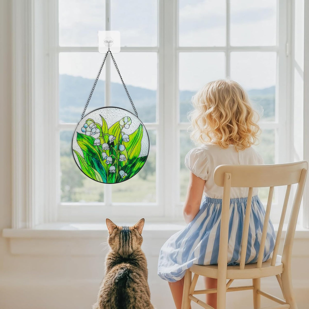 Suncatcher Stained Glass Window Hanging - Flowers Glass Panel with Metal Chain and Hooks Handmade