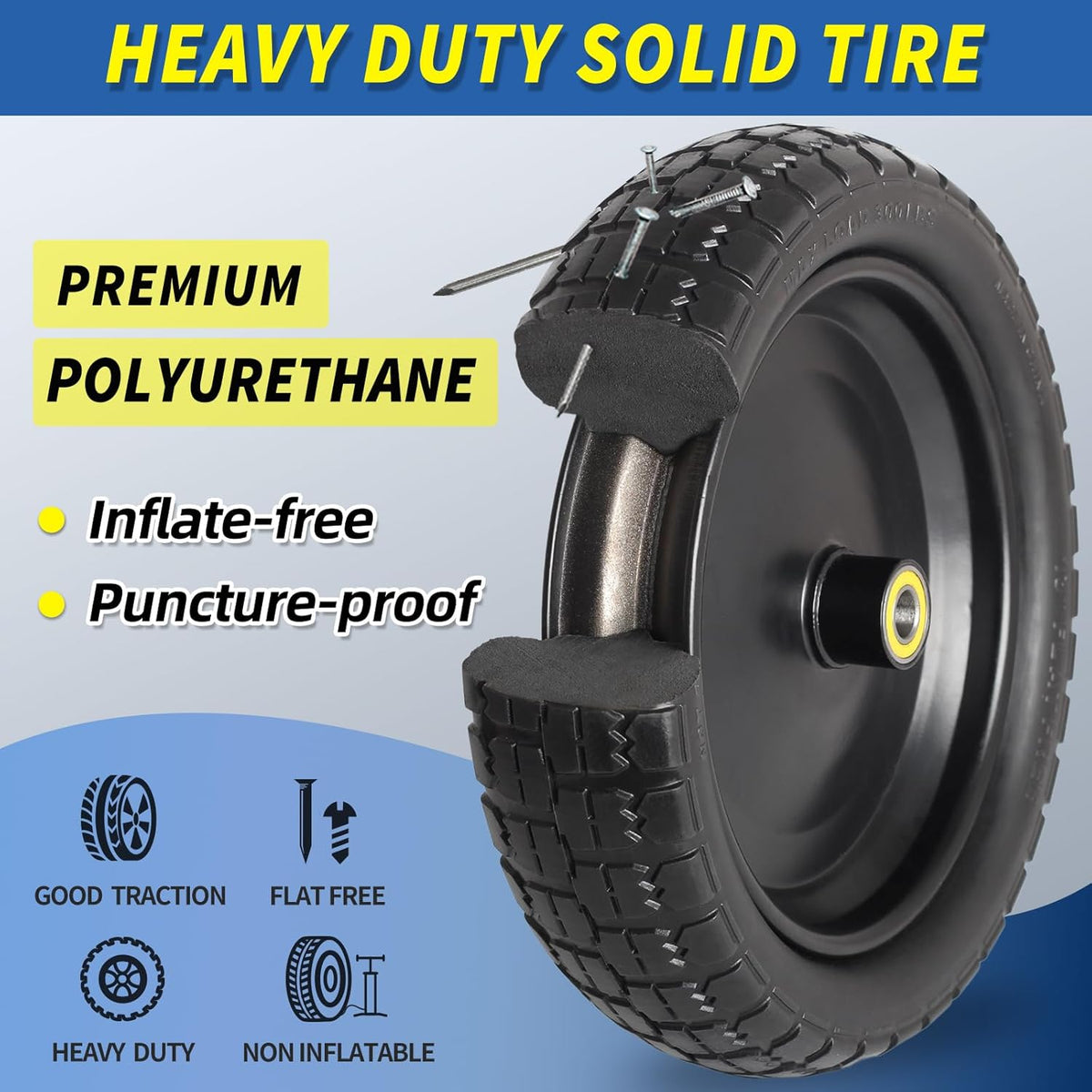 13" Flat-free Solid Tire and Wheel Replacement, with 5/8" Axle Bore Hole, 2.2" Offset Hub for