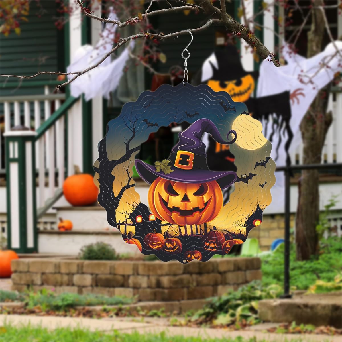 Hanging Halloween Metal Wind Spinner Witch's hat Wind Spinners 3D Hanging Skull Pumpkin Metal Wind