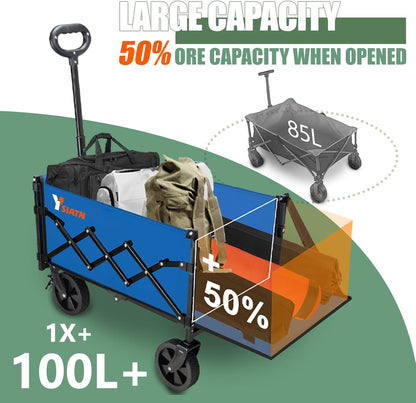 Collapsible Folding Wagon Cart with Tailgate - 300lbs Heavy Duty Foldable Utility Wagon and Brake