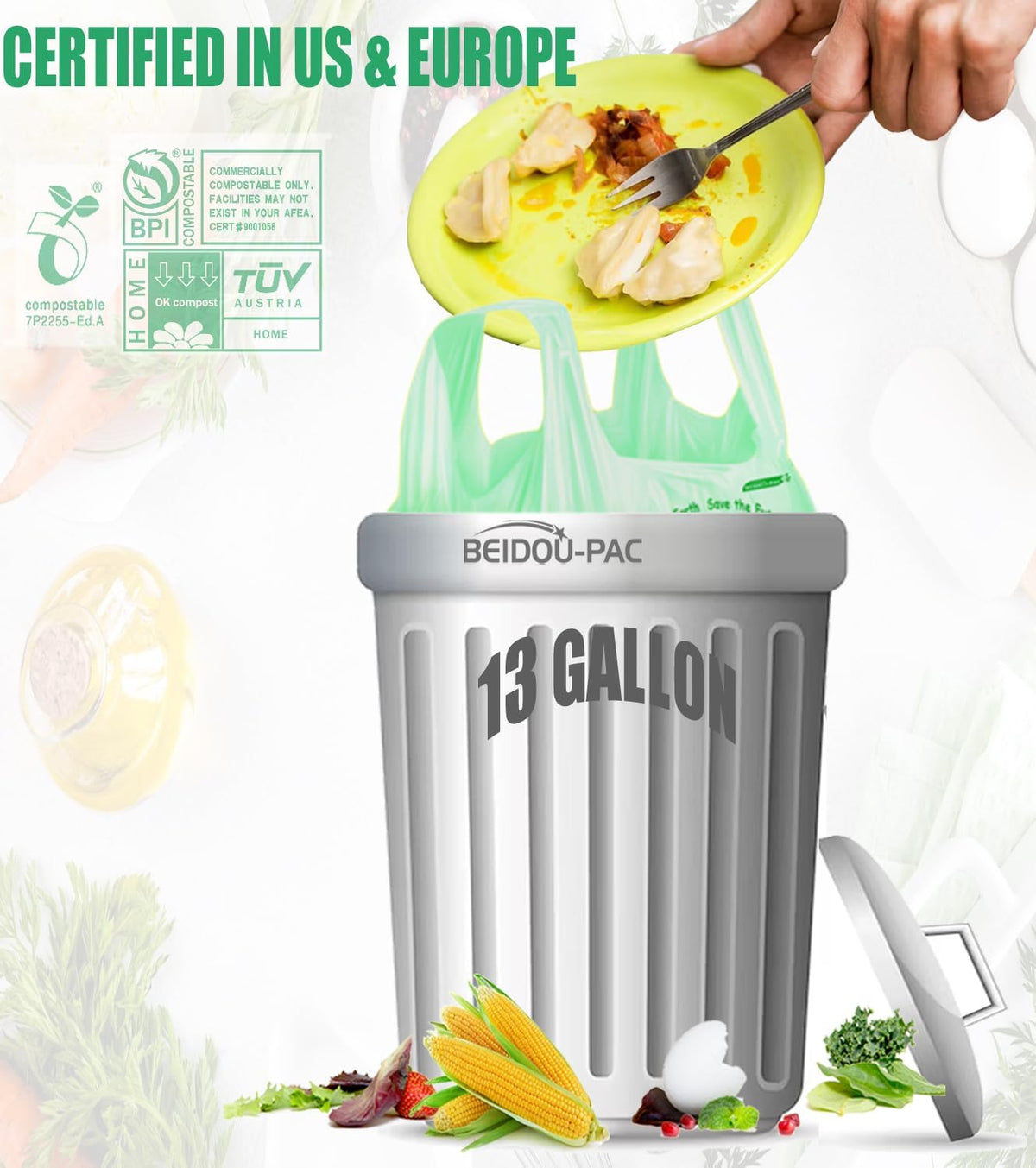 Compostable 13 Gallon Trash Bags, Tall Kitchen Garbage Bags with Handle, Sturdy Biodegradable