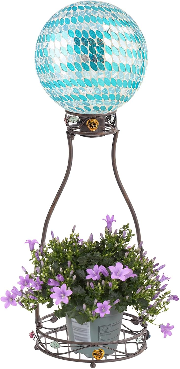 Gazing Globe Stand, Metal Gazing Ball Holder with Flower Planter Base, Vintage Gazing Ball Display