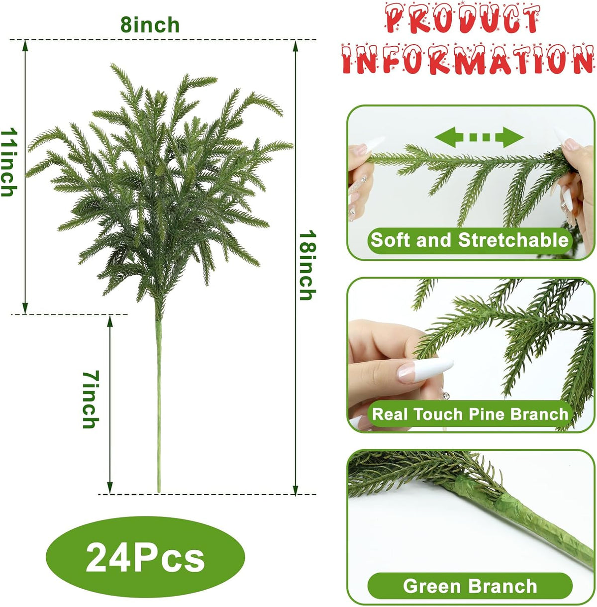 Artgar 24 Pcs Pine Branches - 18 Inch Artificial Green Pine Stem - Real Touch Christmas Greenery