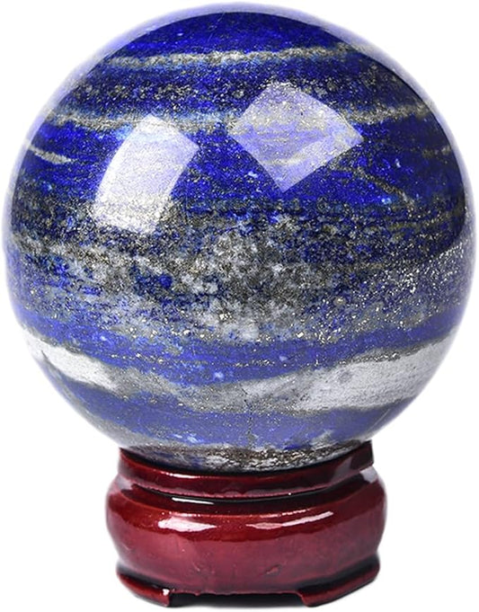 JIC Gem Lapis Lazuli Crystal Sphere with Wooden Stand,Decorative Crystal Ball Blues Gemstone Sphere