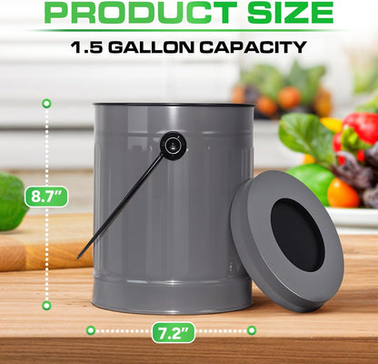 Plexon Countertop Compost Bin Kitchen with Lid, Gray 1.5 Gallon Odorless Container, Steel Food