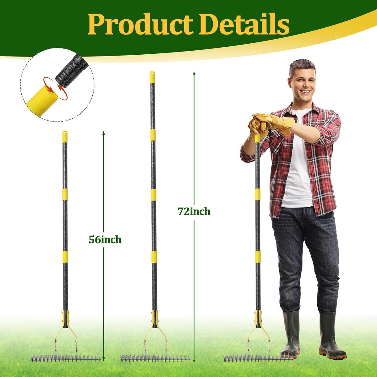 Thatch Rake,Cold-Pressed Steel Dethatcher Rake - 56 inch Adjustable Handle, Ergonomic Grip