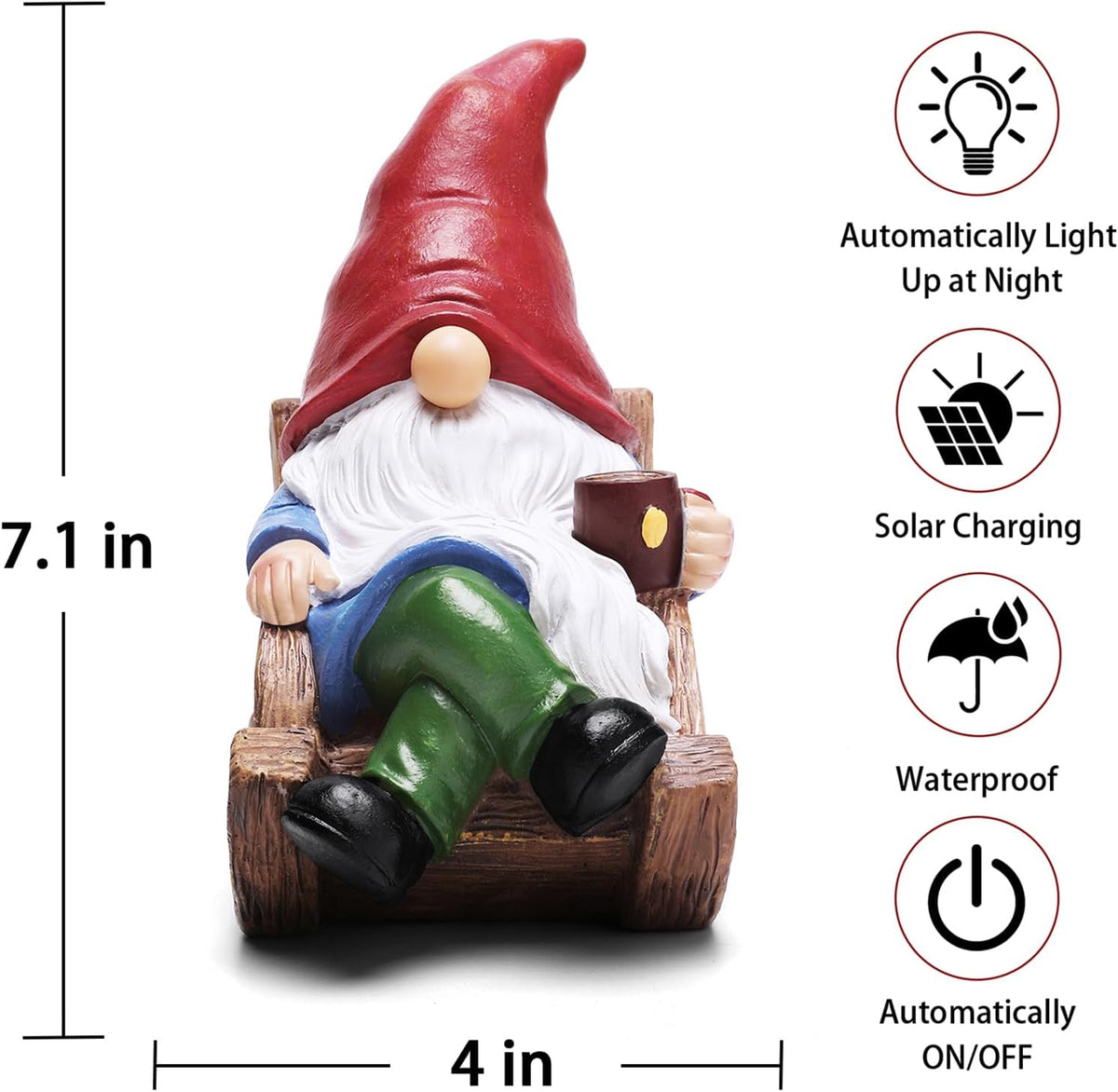 Solar Garden Gnomes Outdoor Statue with Solar Lights,7.1“ Figurine Lights Solar Garden Yard