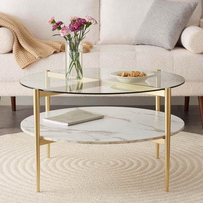 Round Coffee Table for Living Room, Mid-Century Modern Design, D30 x H17, 2-Tier Structure, Clear