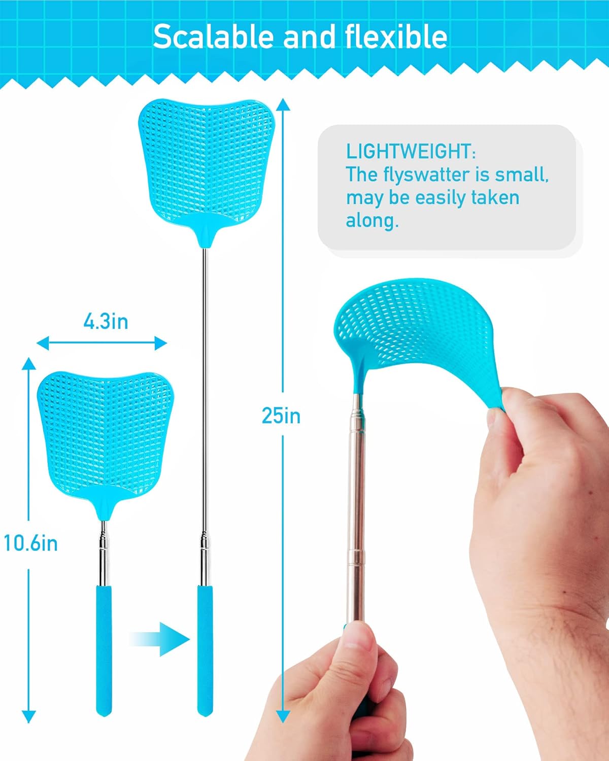Wapodeai 2 Pack Fly Swatters Heavy Duty Set, Telescopic Fly Swatter, Stainless Steel Handle for