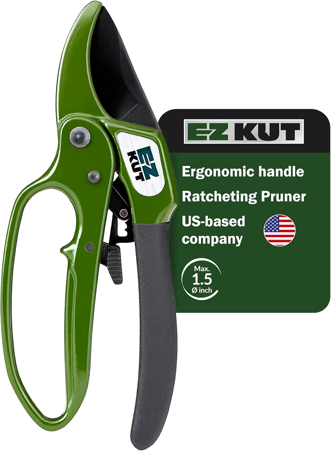 EZ Kut Heavy Duty Pruning Shears Green - with Ratcheting Action Great Garden Hand Tool Clippers