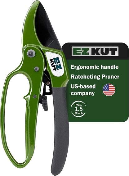 EZ Kut Heavy Duty Pruning Shears Green - with Ratcheting Action Great Garden Hand Tool Clippers