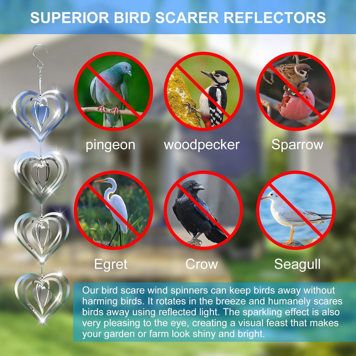 12 Metal Heart Bird Scarer Discs Set, Wind Spinners 3D Helix Reflector Stainless Steel Sparkly