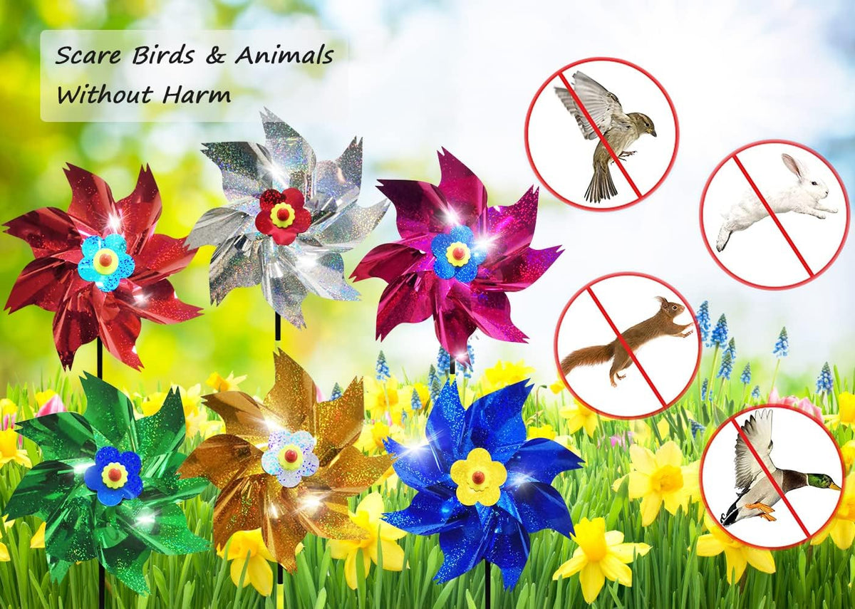 Sparkly Reflective Pinwheels with Stakes, Colorful Wind Spinners Outdoor Bird Scare Devices, Foil