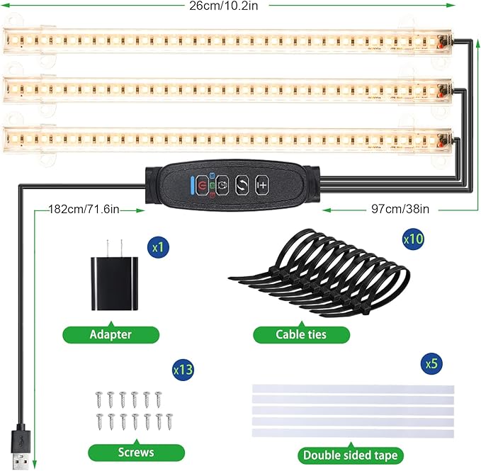 10.2'' 3 Head Grow Light Strips, LED Grow Lamps for Indoor Plants, Full Spectrum 3000K, Plant Light