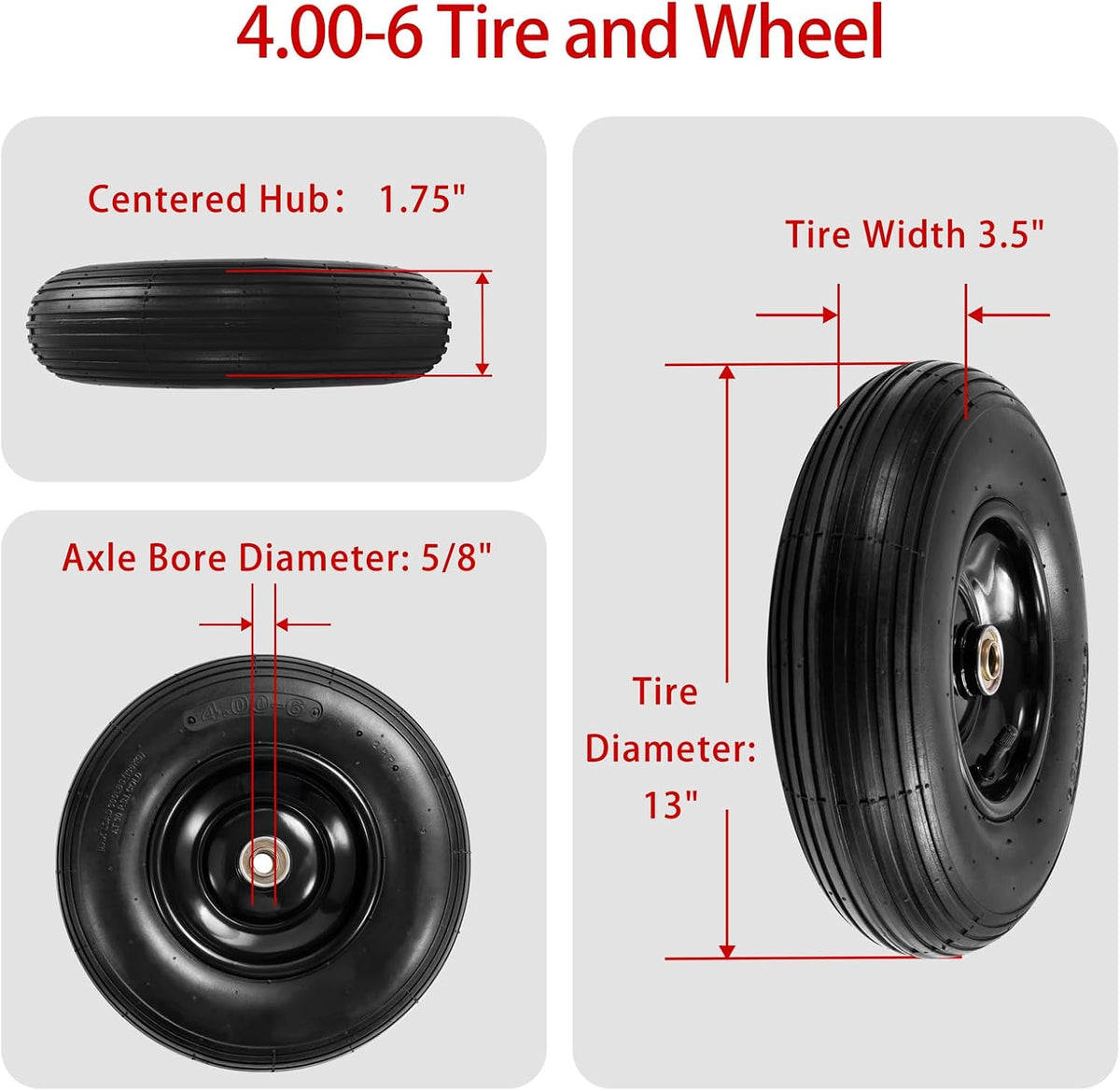 (2-Pack) 4.00-6 Wheelbarrow Tires, 13 Inch Pneumatic Tire and Wheel with 5/8" or 3/4" Bearings