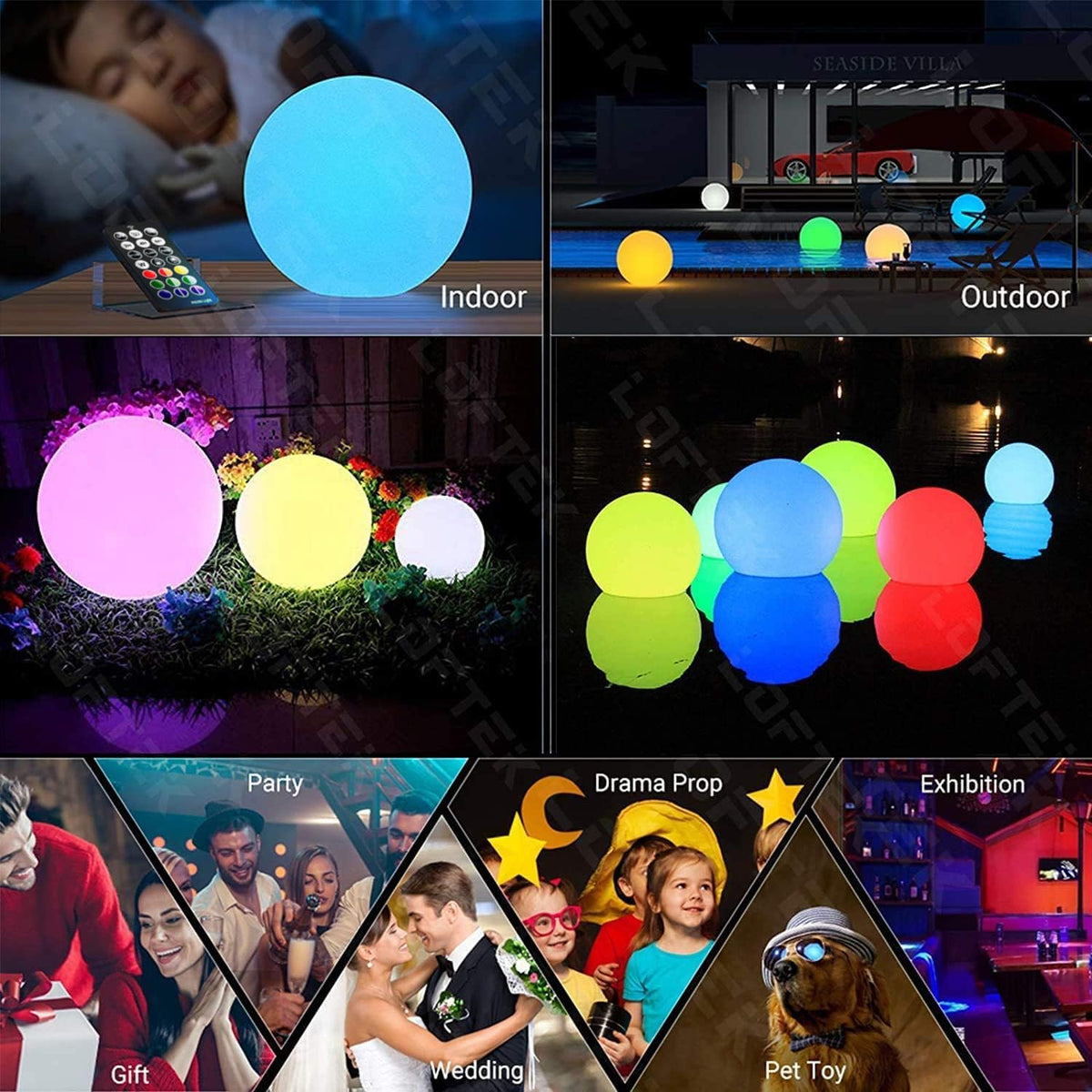 LOFTEK Pool LED Light Ball - 12-inch Sphere Lamp Rechargeable - 16 RGB Cool Lamp for Bedroom