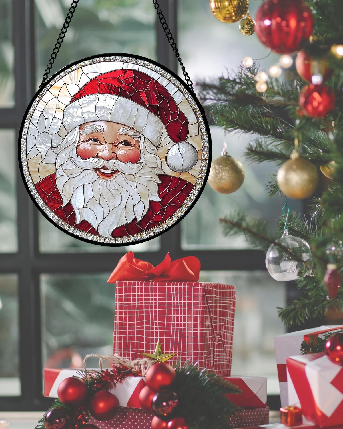 Stained Glass Window Hanging - Santa Claus with White Beard Suncatcher for Doors Home Christmas