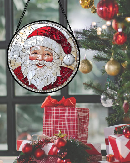 Stained Glass Window Hanging - Santa Claus with White Beard Suncatcher for Doors Home Christmas
