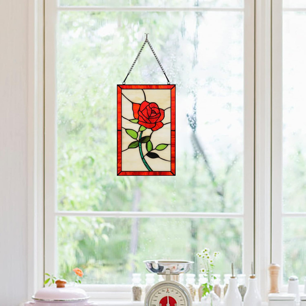 Red Rose Flower Stained Glass Window Hanging,Valentines Day Rose Gifts for Wife Girlfriend,Birthday