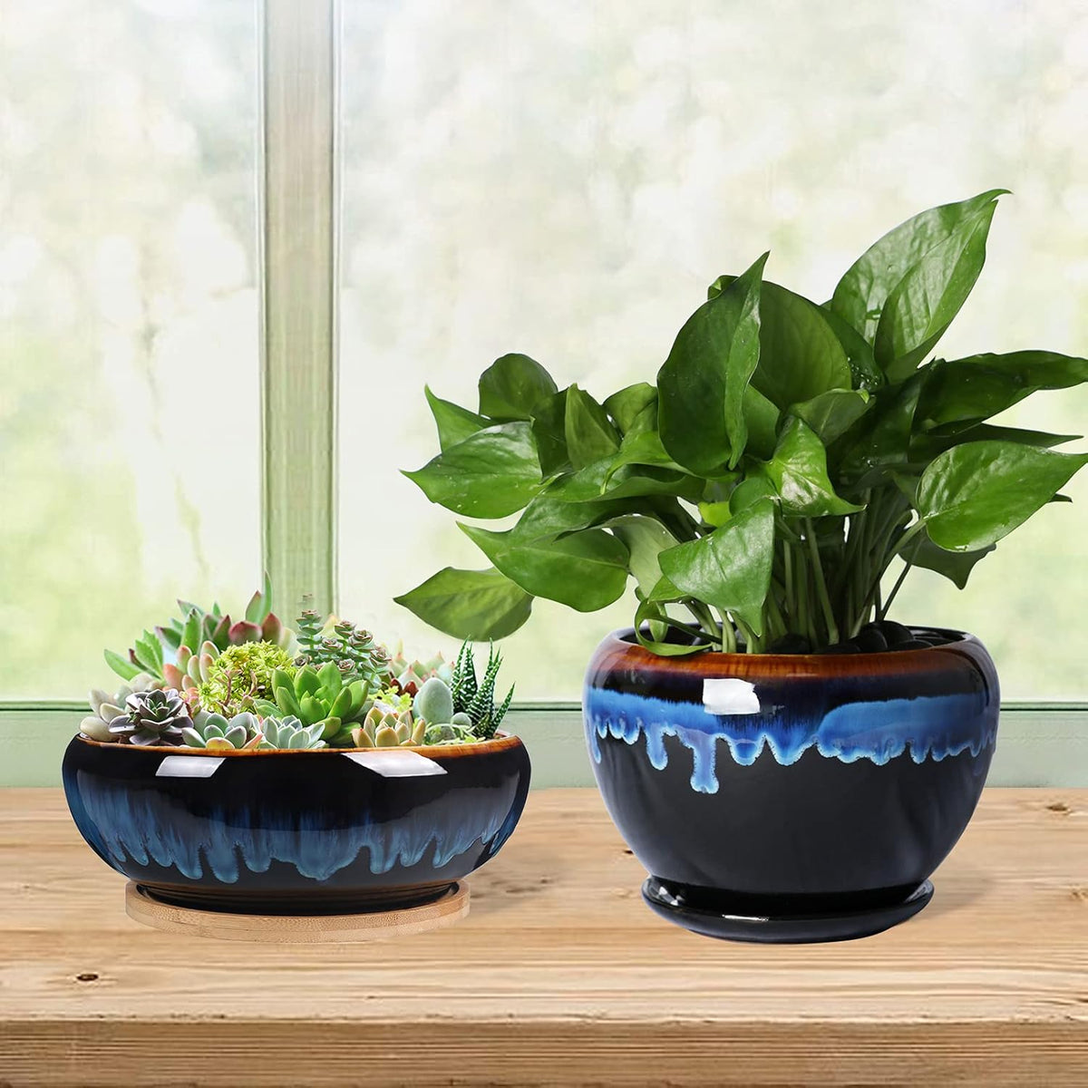 SQOWL 7 Inch Round Ceramic Succulent Planter Pot Drip Glazed Shallow Planter with Drainage Bamboo