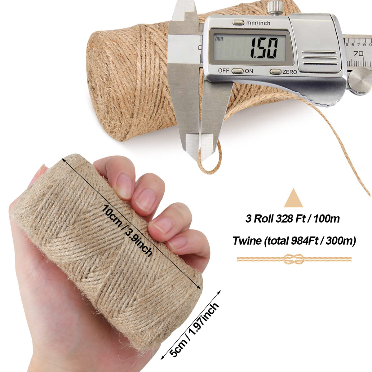 984 FT Natural Jute Twine, 3ply Thin Ribbon Hemp Twine for Gardening, Plant, Gift Wrapping, Art