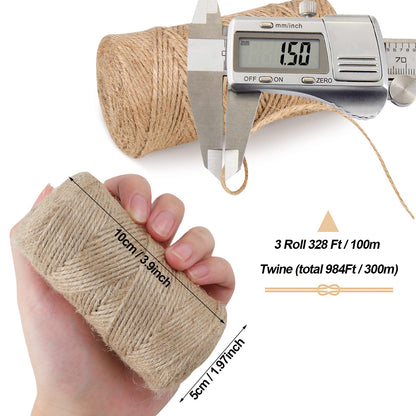 984 FT Natural Jute Twine, 3ply Thin Ribbon Hemp Twine for Gardening, Plant, Gift Wrapping, Art