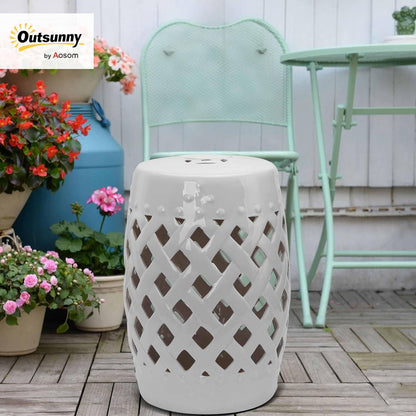 Outsunny 13" x 18" Ceramic Garden Stool with Woven Lattice Design & Glazed Strong Materials