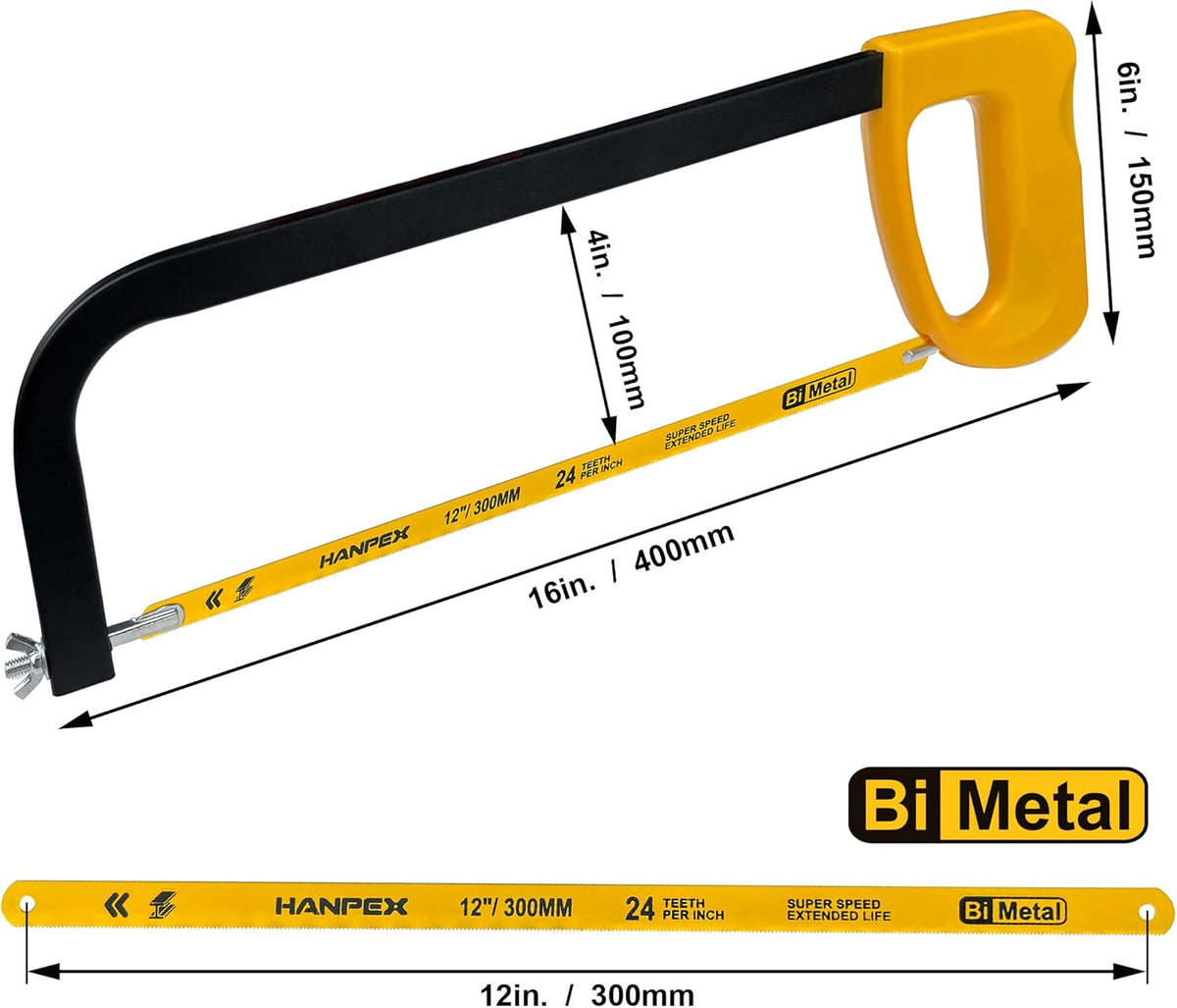 12in. High-Tension Hacksaw Frame with 24 TPI Bi-metal Blade, Hand Saw Suitable for Metal, wood