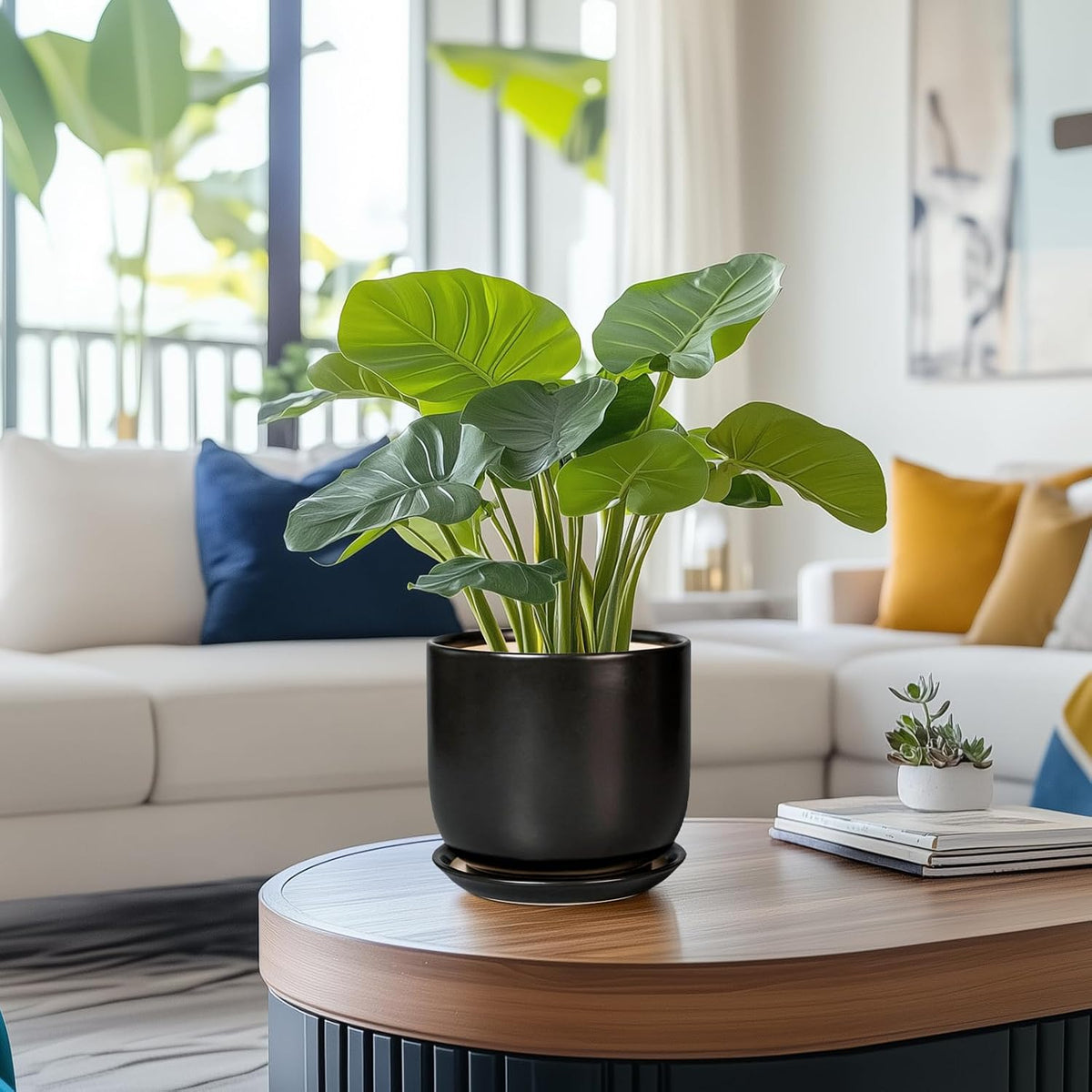 Ceramic Planter 7 Inch - Cylinder Round Modern Indoor Plant Pot for Plants with Drainage Hole and