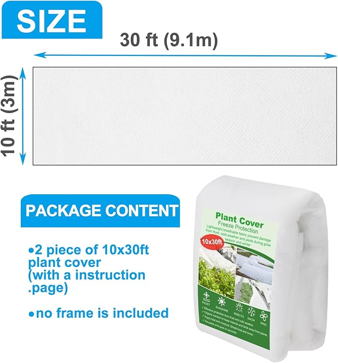 2 Pack Plant Covers Freeze Protection 10 x 30FT 1.2oz Frost Cloths Forst Blankets for Winter