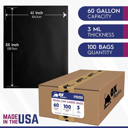 60 Gallon Trash Can Liners Bags - (100 Count) Capacity & 3mil Thick Extra Heavy Duty Strength