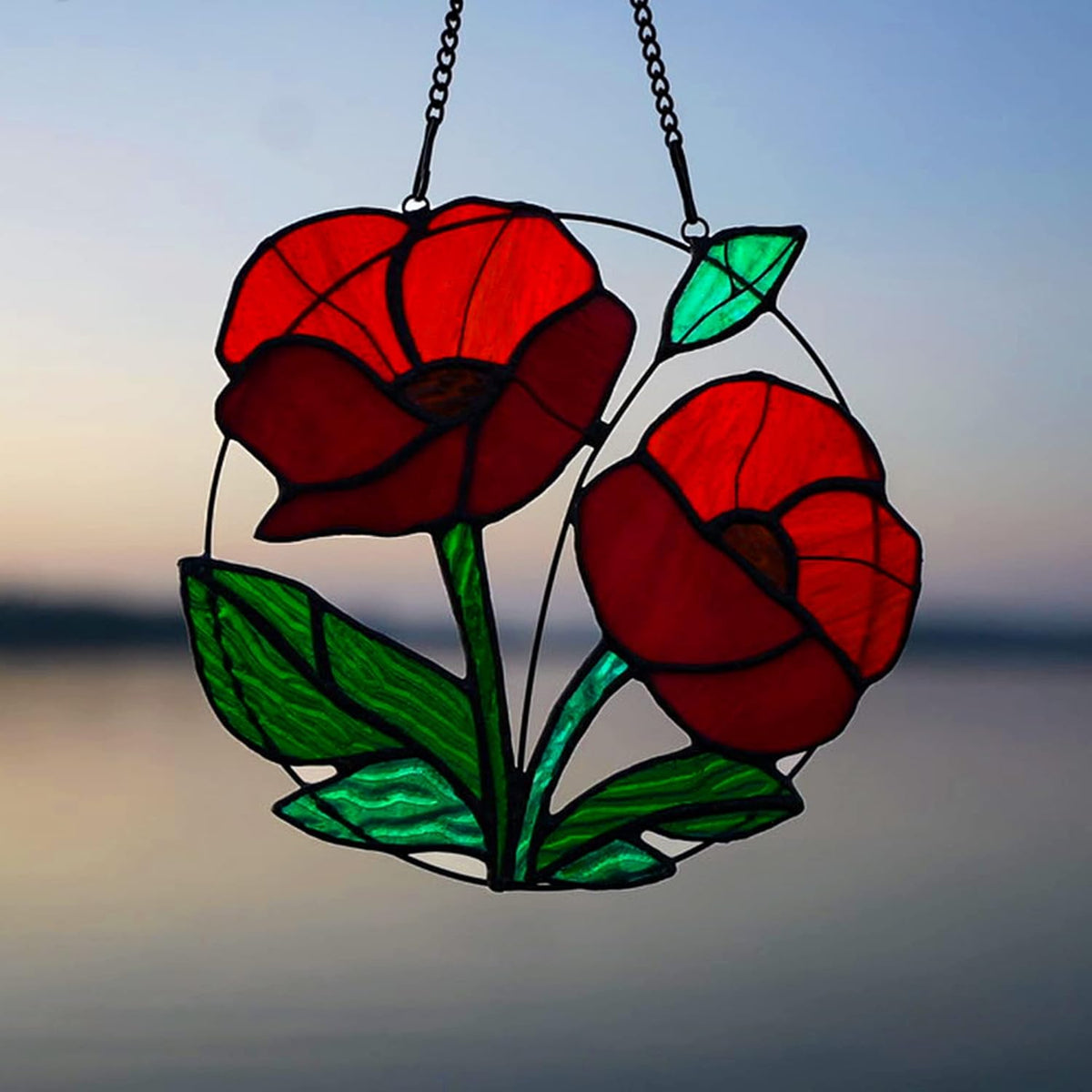 Red Flowers Stained Glass Window Hanging,Artificial Poppy Flower Suncatcher Wall Art Decor,Red