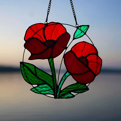 Red Flowers Stained Glass Window Hanging,Artificial Poppy Flower Suncatcher Wall Art Decor,Red