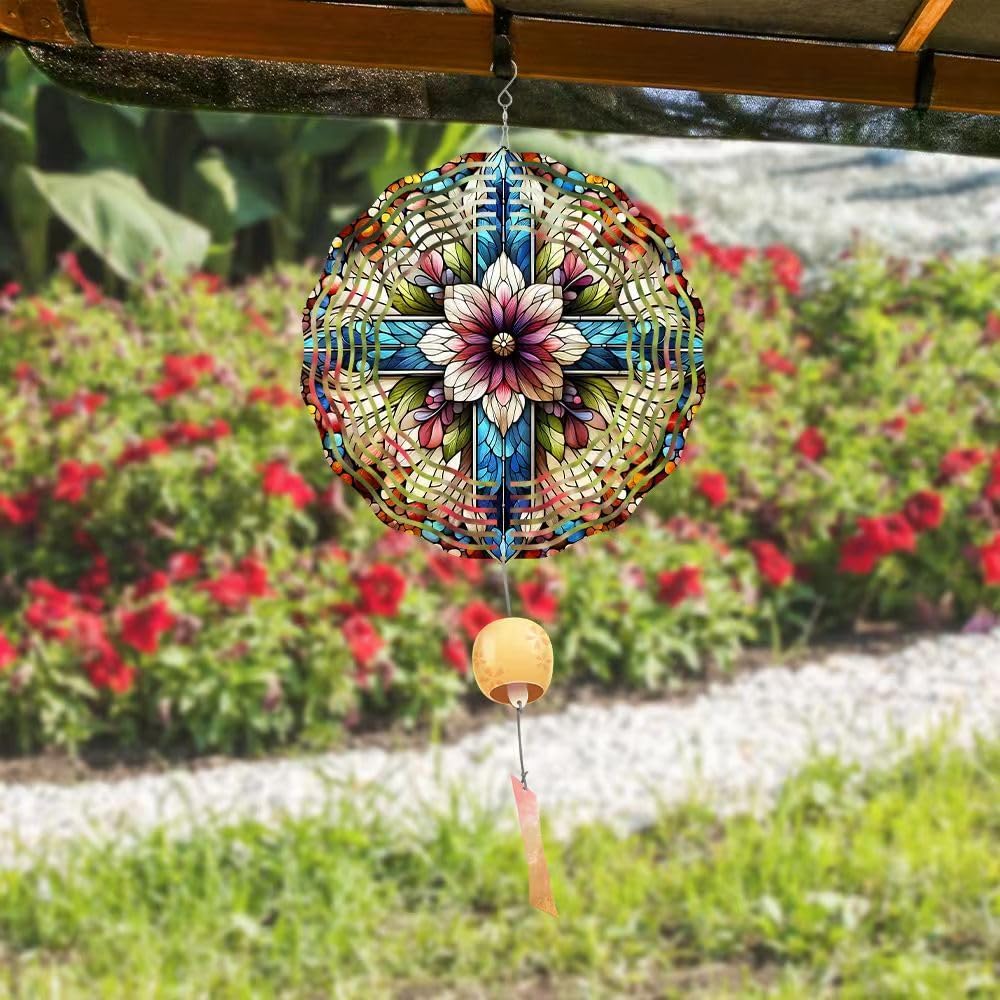 Cross Wind Spinner, Metal Wind Spinners Outdoor/Indoor, Cross Flower Hanging Garden Decor for