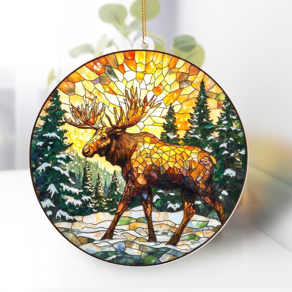 Stained Glass Style Acrylic Moose Ornament 2025 - Rustic Cabin Christmas Tree Ornament, Wildlife