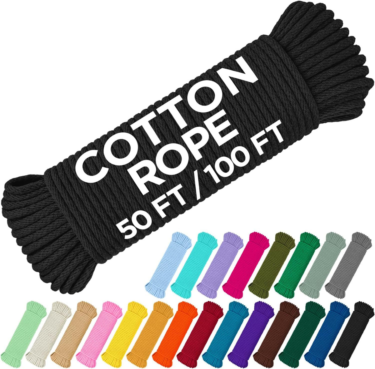 TECEUM 500lb Cotton Rope 3/16” (5 mm) – 50 FT | 100 FT – Strong All-Purpose Braided Rope – Natural