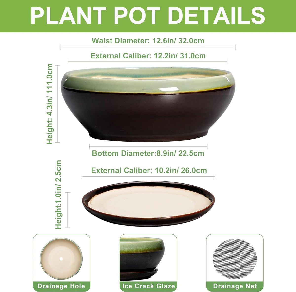 SQOWL Bonsai Pots 12 Inch - Large Ceramic Pots for Succulents with Drainage Hole and Saucer